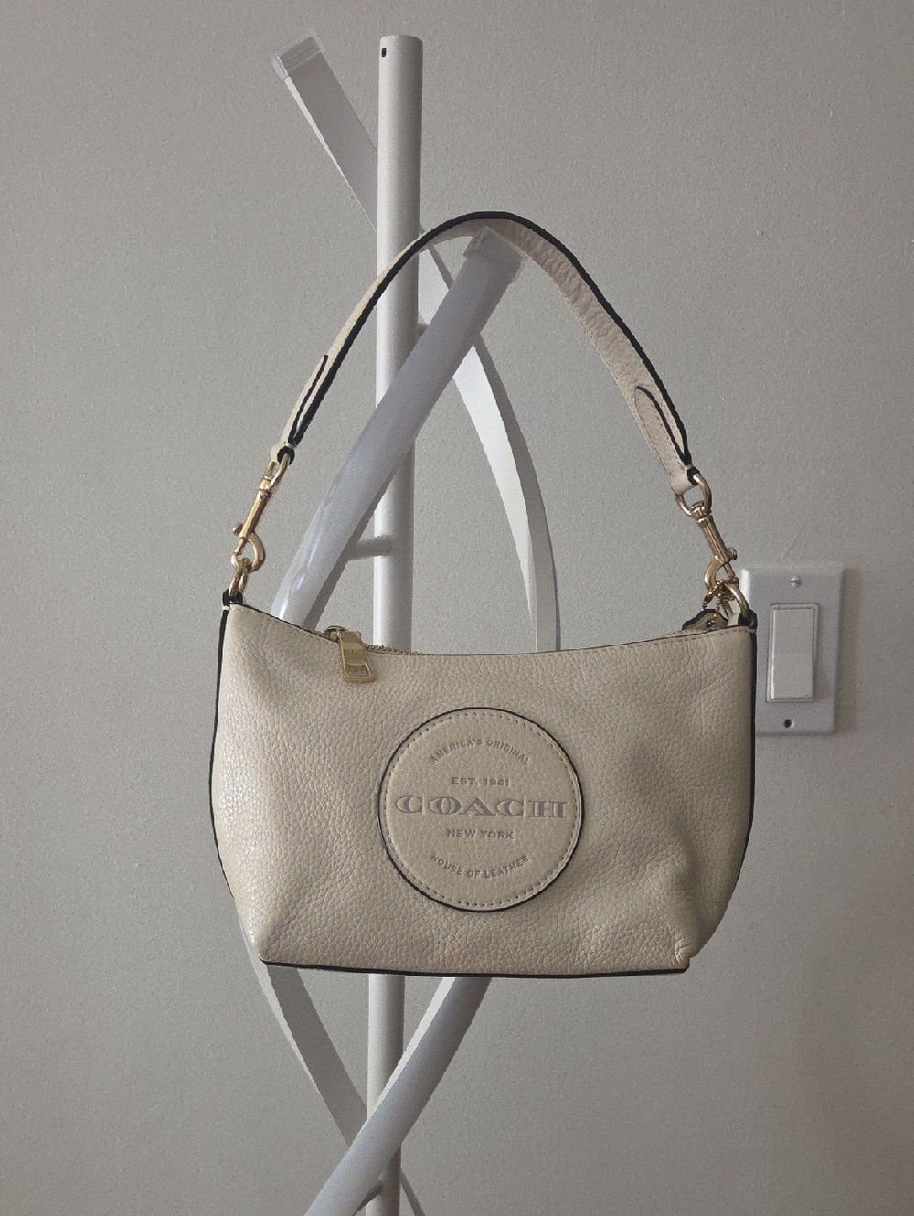 Coach Chalk Pebbled Leather Crossbody with Striped Web Strap